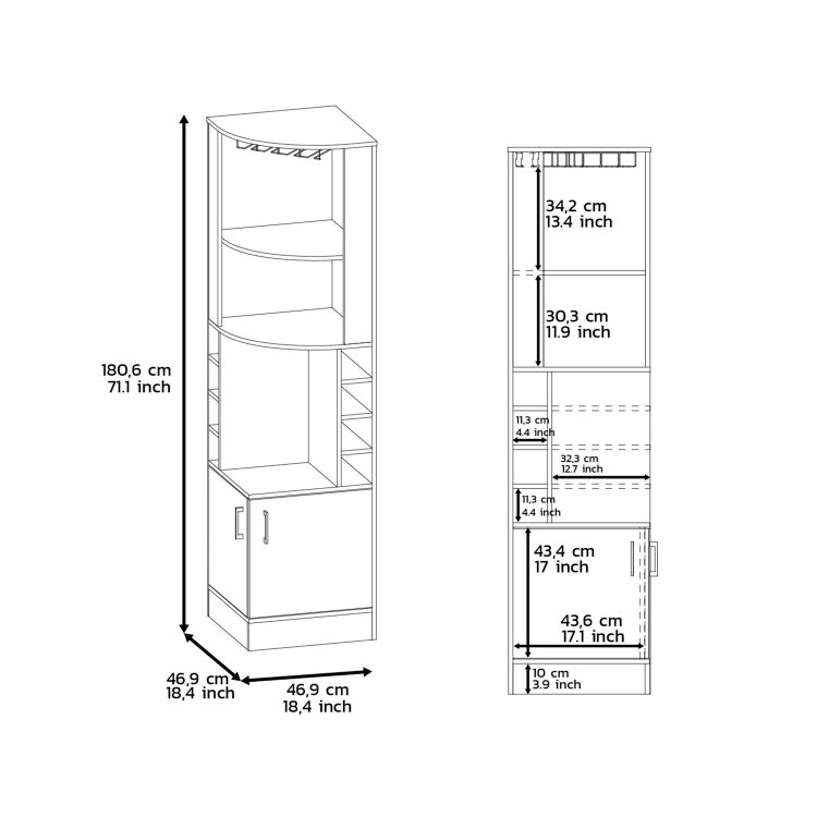 Bar Cabinet 71" H, With Two Shelves At The Top, 1 Glass Holder, 8 Exterior Bottle Racks, 1 Central Shelf And A Lower Drawer With 2 Side Doors, Dark Brown