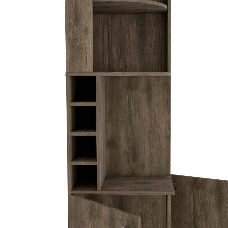 Bar Cabinet 71" H, With Two Shelves At The Top, 1 Glass Holder, 8 Exterior Bottle Racks, 1 Central Shelf And A Lower Drawer With 2 Side Doors, Dark Brown