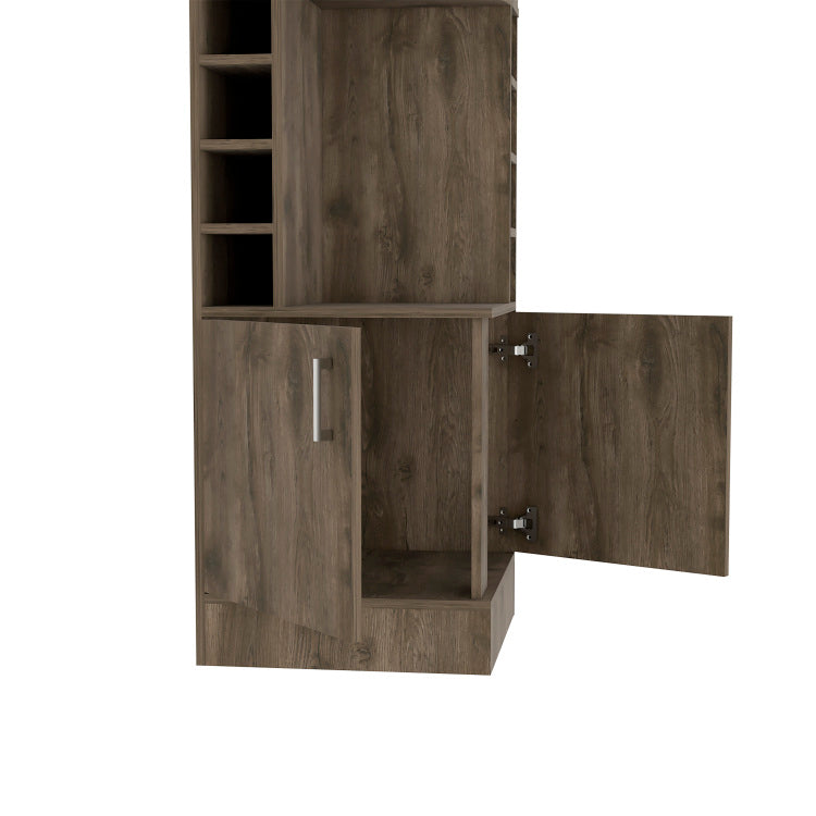 Bar Cabinet 71" H, With Two Shelves At The Top, 1 Glass Holder, 8 Exterior Bottle Racks, 1 Central Shelf And A Lower Drawer With 2 Side Doors, Dark Brown