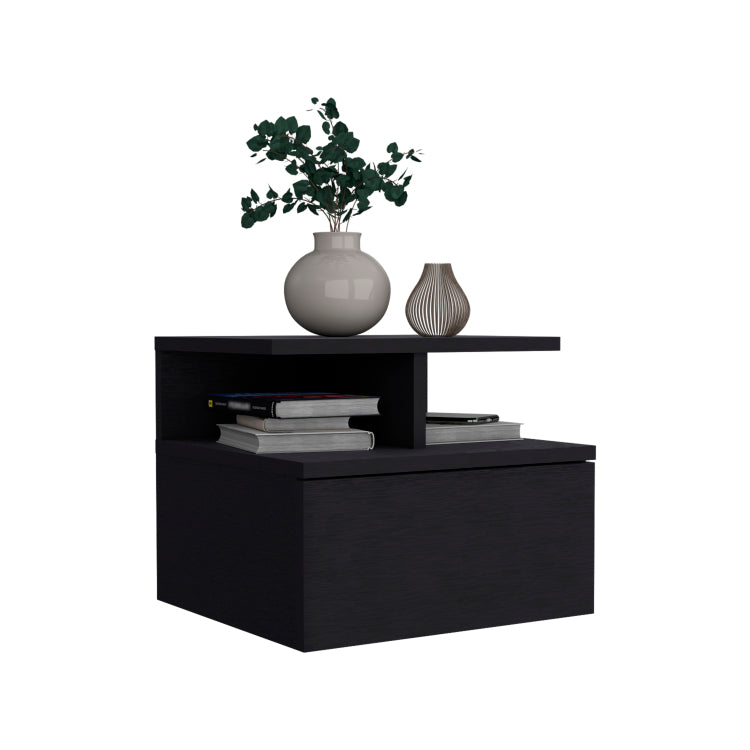 Floating Nightstand 12"H, Wall Mounted With Single Drawer And 2 Tier Shelf, Black