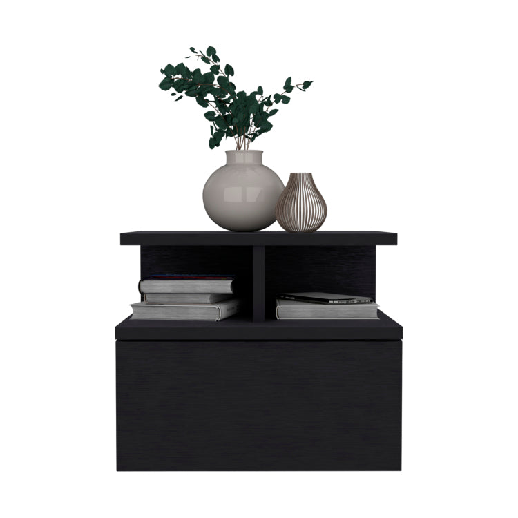 Floating Nightstand 12"H, Wall Mounted With Single Drawer And 2 Tier Shelf, Black