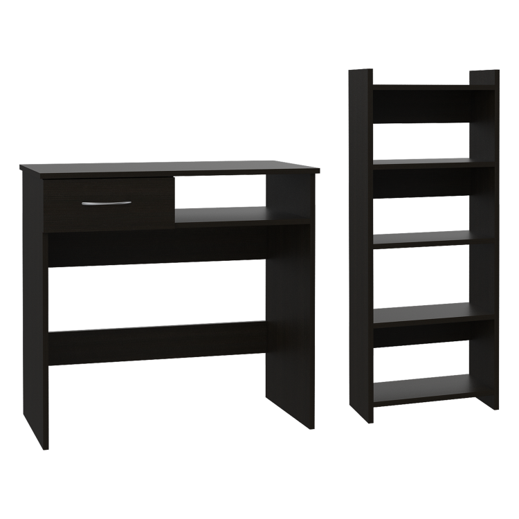 Home Office Set, Two Parts Set, One Drawer, Desktop, Keyboard Tray, Stand, Five Shelves, Black