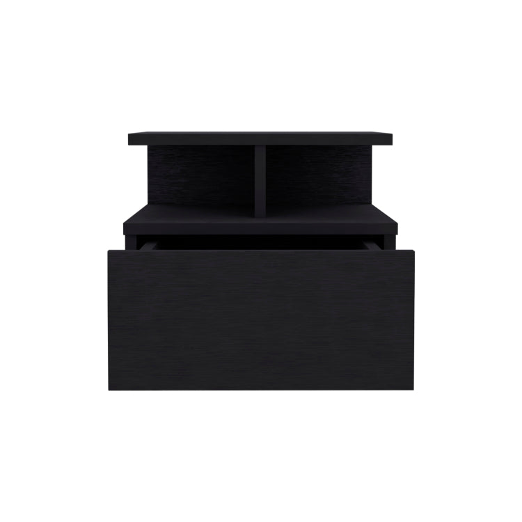 Floating Nightstand 12"H, Wall Mounted With Single Drawer And 2 Tier Shelf, Black