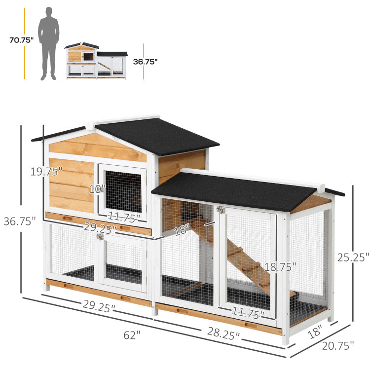 Pawhut 2 Story Rabbit Hutch Wooden Bunny Hutch Cage Small Animal House With Ramp, No Leak Tray, Weatherproof Roof And Outdoor Run, Indoor Outdoor, Yellow
