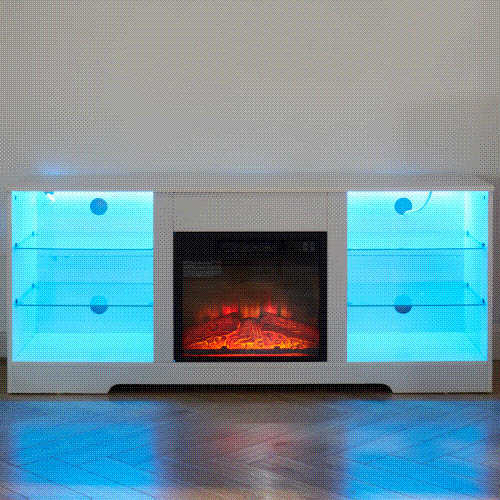Tv Stand Electric Fireplace Tv Stand With Glass Shelves, 3D Fireplace Tv Stand With Led Lights Wood With Usb Charging Outlet Modern Television Table Center For Tv Up To 32 62" White