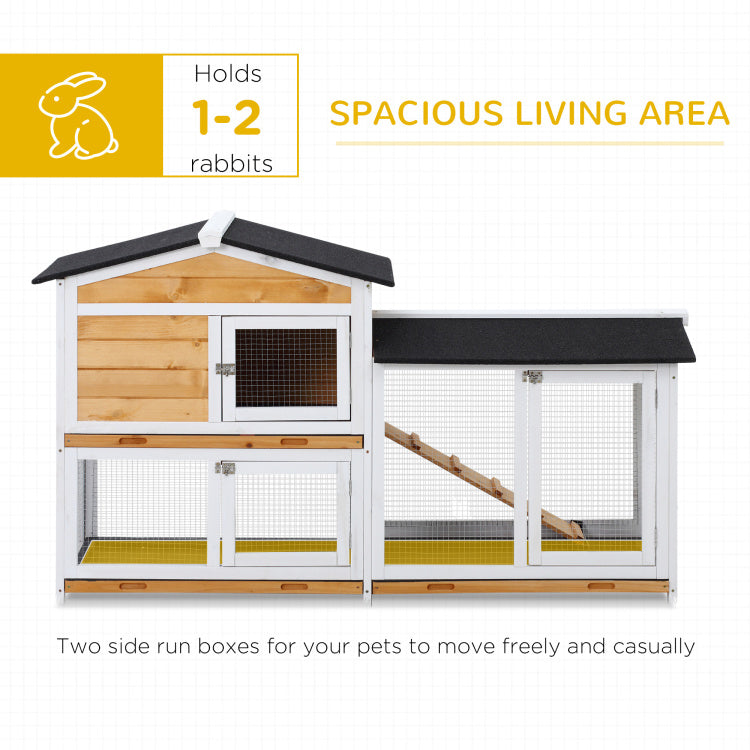 Pawhut 2 Story Rabbit Hutch Wooden Bunny Hutch Cage Small Animal House With Ramp, No Leak Tray, Weatherproof Roof And Outdoor Run, Indoor Outdoor, Yellow