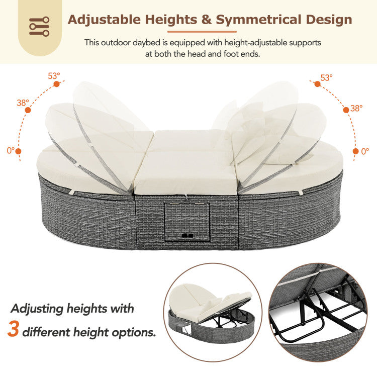 Outdoor Sun Bed Patio 2 Person Daybed With Cushions And Pillows, Rattan Garden Reclining Chaise Lounge With Adjustable Backrests And Foldable Cup Trays For Lawn, Poolside, Beige