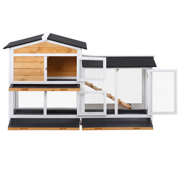 Pawhut 2 Story Rabbit Hutch Wooden Bunny Hutch Cage Small Animal House With Ramp, No Leak Tray, Weatherproof Roof And Outdoor Run, Indoor Outdoor, Yellow