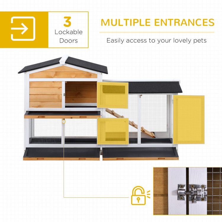 Pawhut 2 Story Rabbit Hutch Wooden Bunny Hutch Cage Small Animal House With Ramp, No Leak Tray, Weatherproof Roof And Outdoor Run, Indoor Outdoor, Yellow