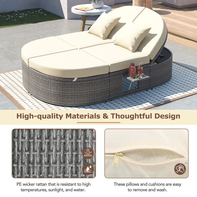Outdoor Sun Bed Patio 2 Person Daybed With Cushions And Pillows, Rattan Garden Reclining Chaise Lounge With Adjustable Backrests And Foldable Cup Trays For Lawn, Poolside, Beige