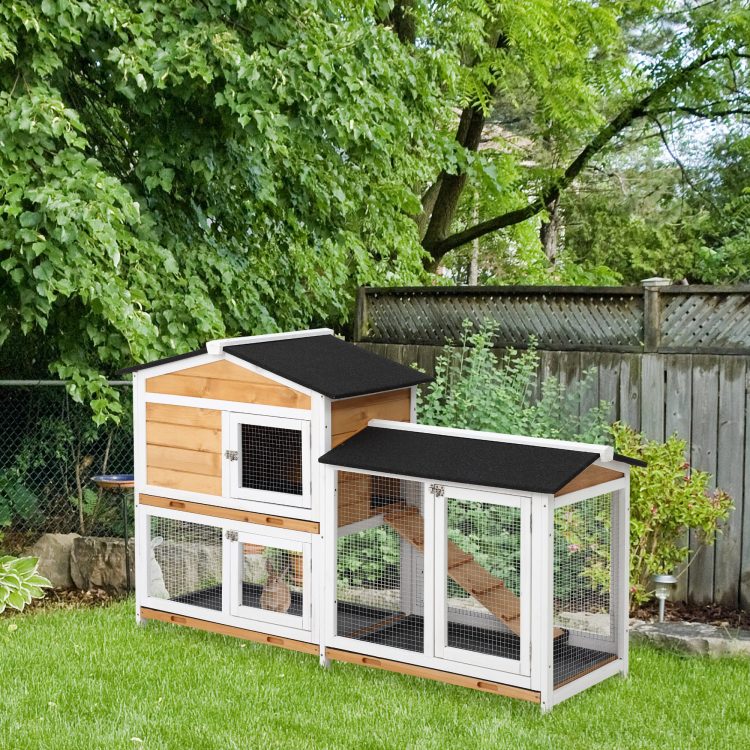 Pawhut 2 Story Rabbit Hutch Wooden Bunny Hutch Cage Small Animal House With Ramp, No Leak Tray, Weatherproof Roof And Outdoor Run, Indoor Outdoor, Yellow