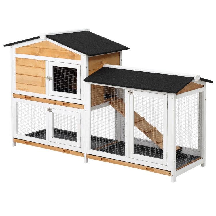 Pawhut 2 Story Rabbit Hutch Wooden Bunny Hutch Cage Small Animal House With Ramp, No Leak Tray, Weatherproof Roof And Outdoor Run, Indoor Outdoor, Yellow