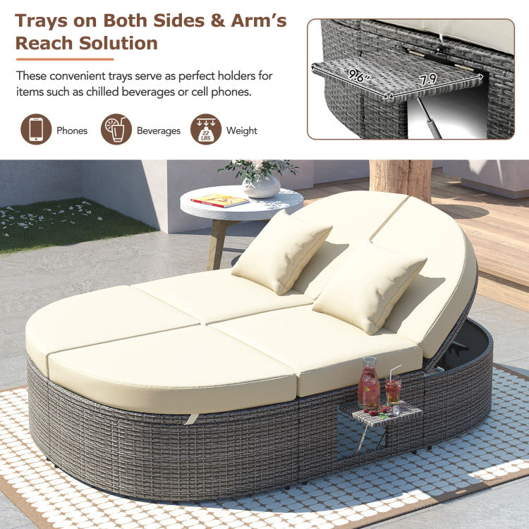 Outdoor Sun Bed Patio 2 Person Daybed With Cushions And Pillows, Rattan Garden Reclining Chaise Lounge With Adjustable Backrests And Foldable Cup Trays For Lawn, Poolside, Beige