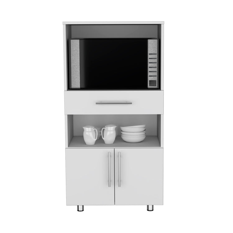Kitchen Pantry 48" H, Two Open Storage Shelves, One For Microwave, Two Doors, Four Legs, White