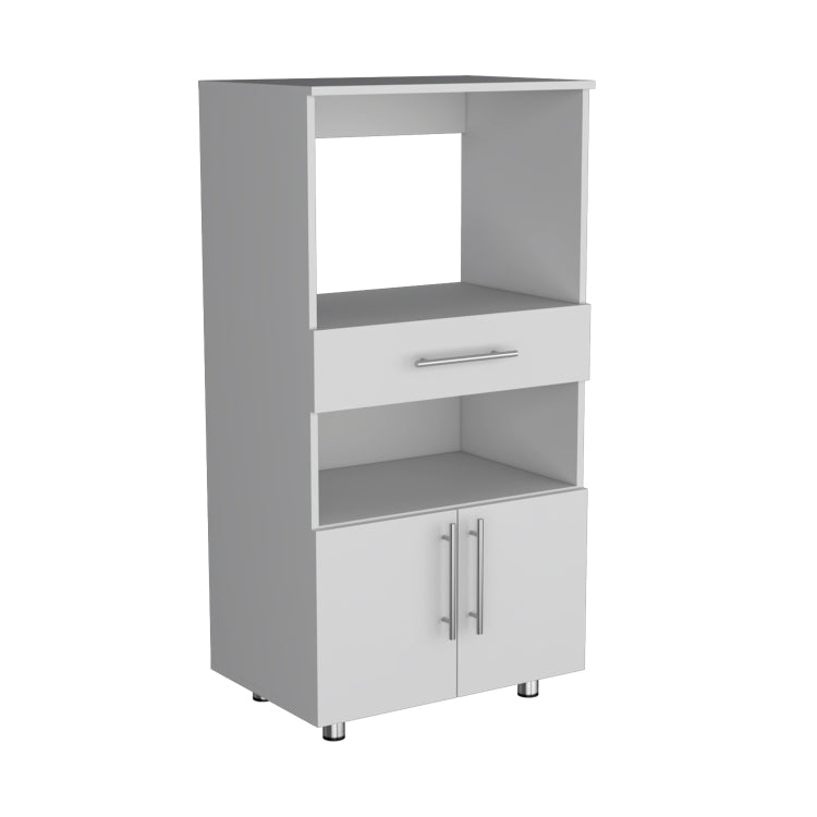 Kitchen Pantry 48" H, Two Open Storage Shelves, One For Microwave, Two Doors, Four Legs, White