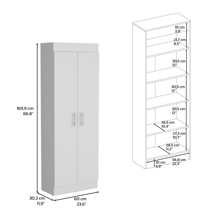 Pantry Cabinet 67" H, 5 Internal Shelves, Two Doors, White