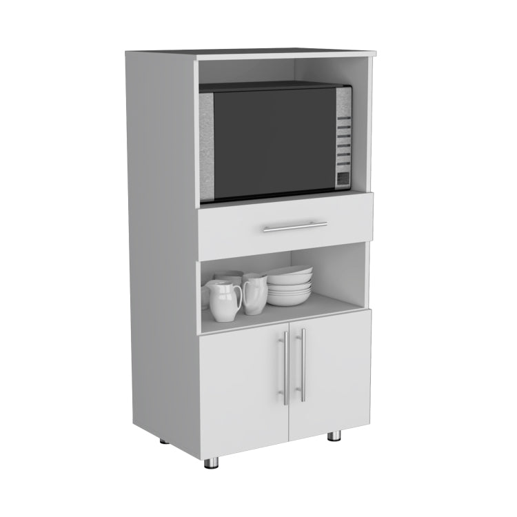 Kitchen Pantry 48" H, Two Open Storage Shelves, One For Microwave, Two Doors, Four Legs, White