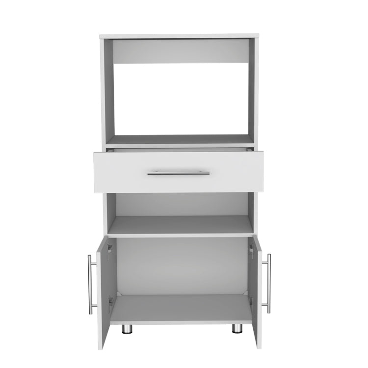 Kitchen Pantry 48" H, Two Open Storage Shelves, One For Microwave, Two Doors, Four Legs, White