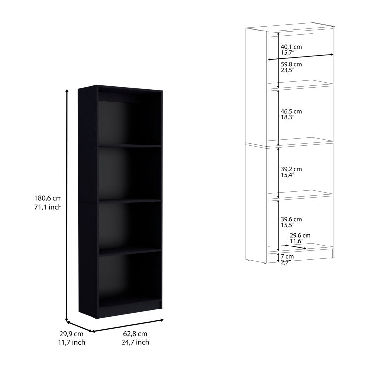 Bookcase With Spacious Tier Shelving Design, Black