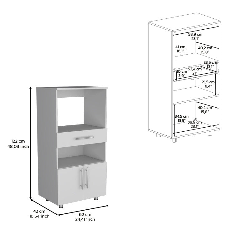 Kitchen Pantry 48" H, Two Open Storage Shelves, One For Microwave, Two Doors, Four Legs, White