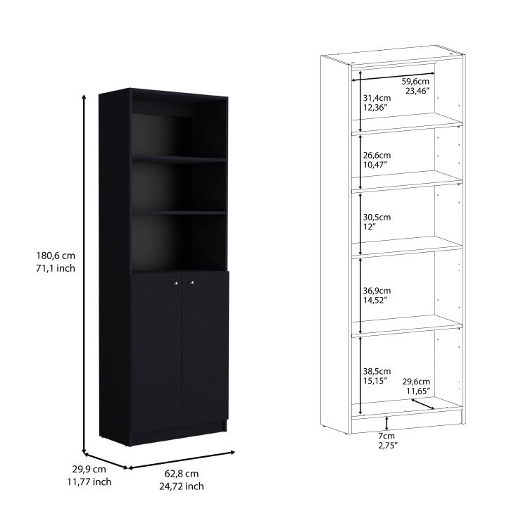 2 Door Bookcase With Upper Shelves, Black