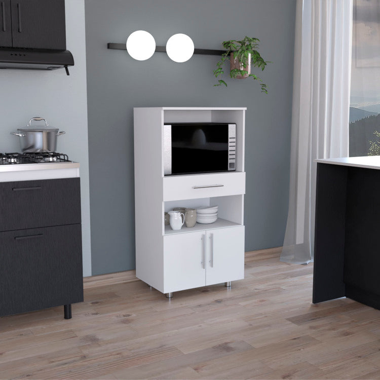 Kitchen Pantry 48" H, Two Open Storage Shelves, One For Microwave, Two Doors, Four Legs, White
