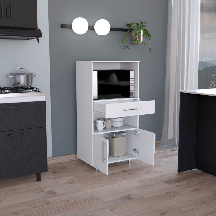 Kitchen Pantry 48" H, Two Open Storage Shelves, One For Microwave, Two Doors, Four Legs, White