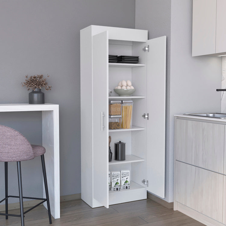 Pantry Cabinet 67" H, 5 Internal Shelves, Two Doors, White