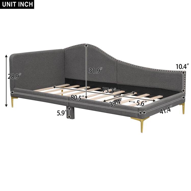 Twin Size Upholstered Daybed With Headboard And Armrest, Support Legs, Grey