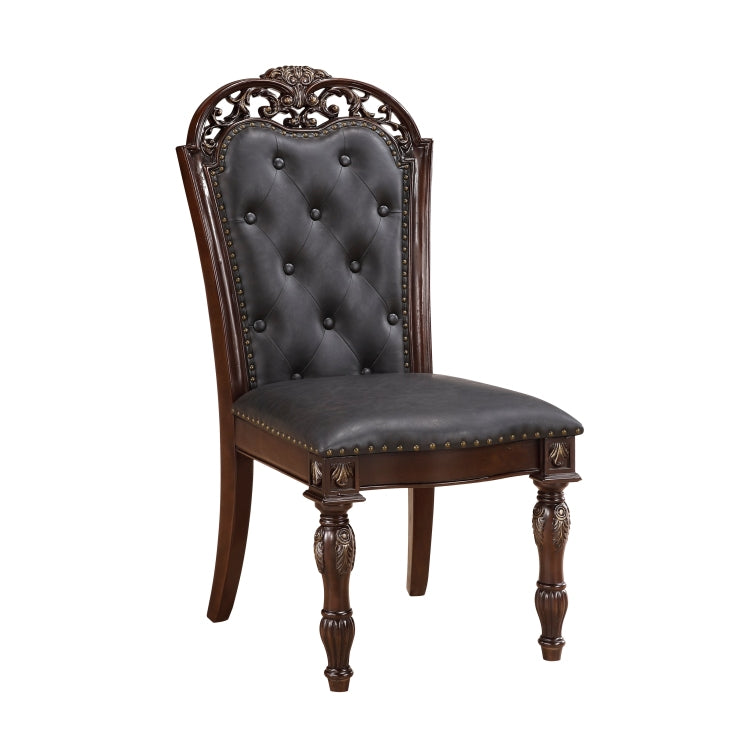 Formal Dining Chairs Set Of 2 Cherry Finish Button Tufted Faux Leather Upholstered Traditional Dining Room Furniture Elegant Classic