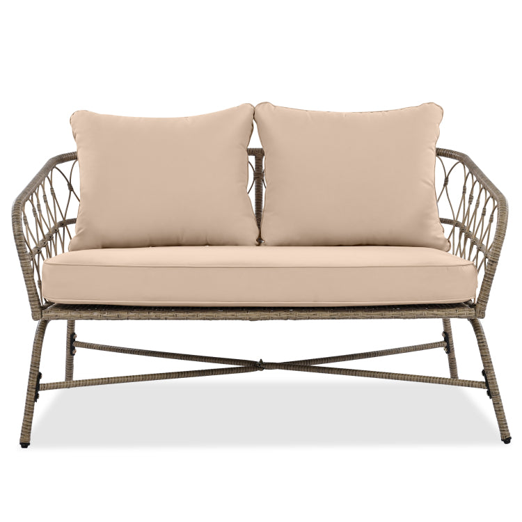 Bohemia Inspired 4 Person Outdoor Seating Group With Removable Cushions, Conversation Patio Set With Wood Tabletop, Beige
