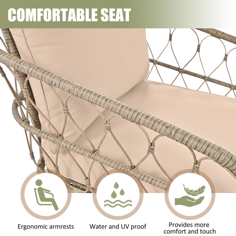 Bohemia Inspired 4 Person Outdoor Seating Group With Removable Cushions, Conversation Patio Set With Wood Tabletop, Beige