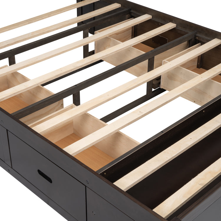 Wood Queen Size Platform Bed With Storage Headboard, Shoe Rack And 4 Drawers,Espresso