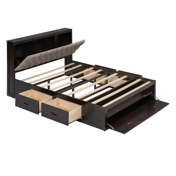 Wood Queen Size Platform Bed With Storage Headboard, Shoe Rack And 4 Drawers,Espresso