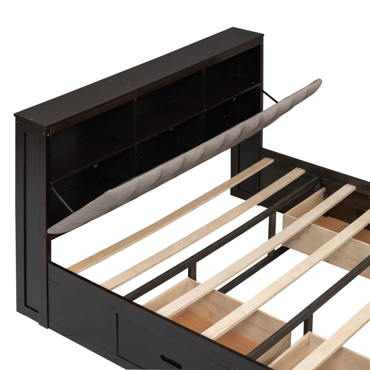 Wood Queen Size Platform Bed With Storage Headboard, Shoe Rack And 4 Drawers,Espresso