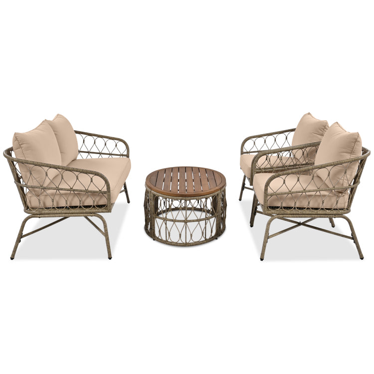 Bohemia Inspired 4 Person Outdoor Seating Group With Removable Cushions, Conversation Patio Set With Wood Tabletop, Beige