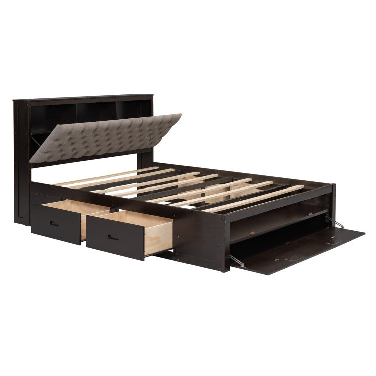 Wood Queen Size Platform Bed With Storage Headboard, Shoe Rack And 4 Drawers,Espresso