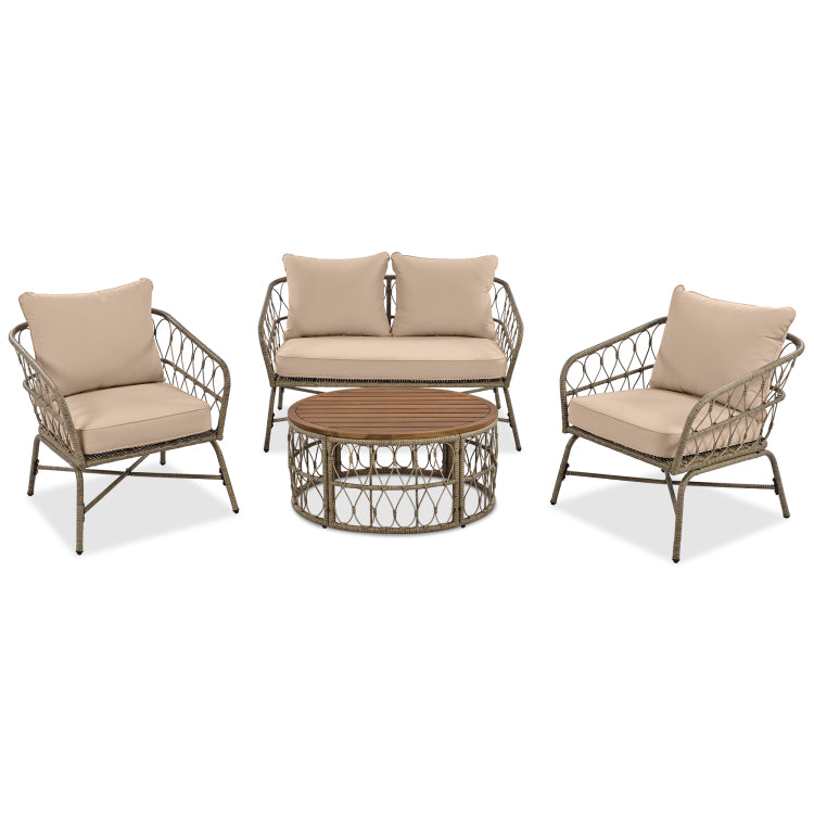 Bohemia Inspired 4 Person Outdoor Seating Group With Removable Cushions, Conversation Patio Set With Wood Tabletop, Beige