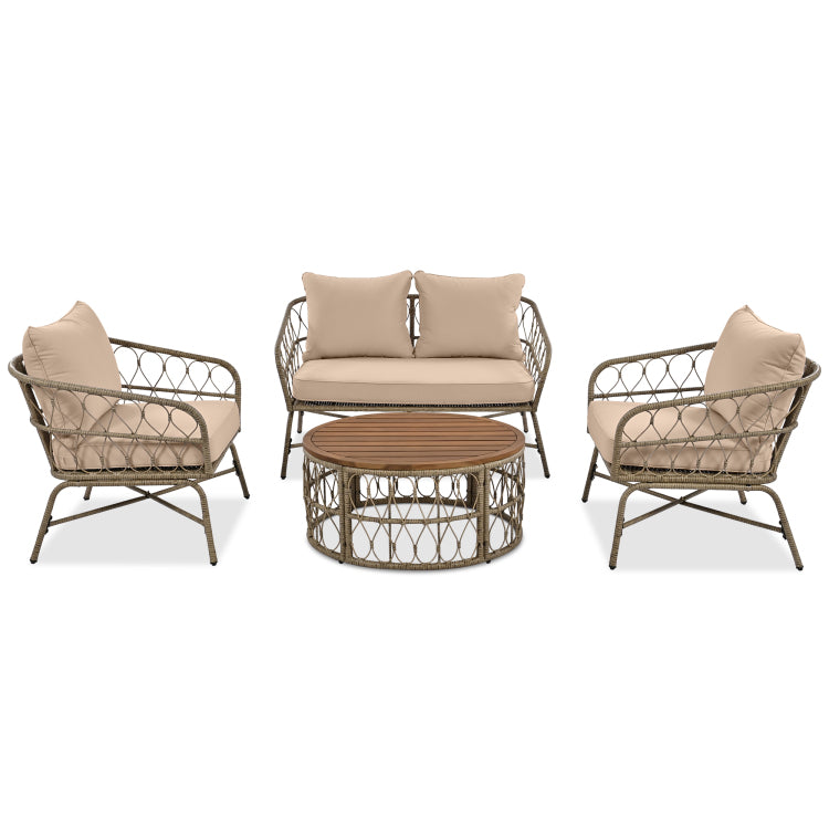 Bohemia Inspired 4 Person Outdoor Seating Group With Removable Cushions, Conversation Patio Set With Wood Tabletop, Beige