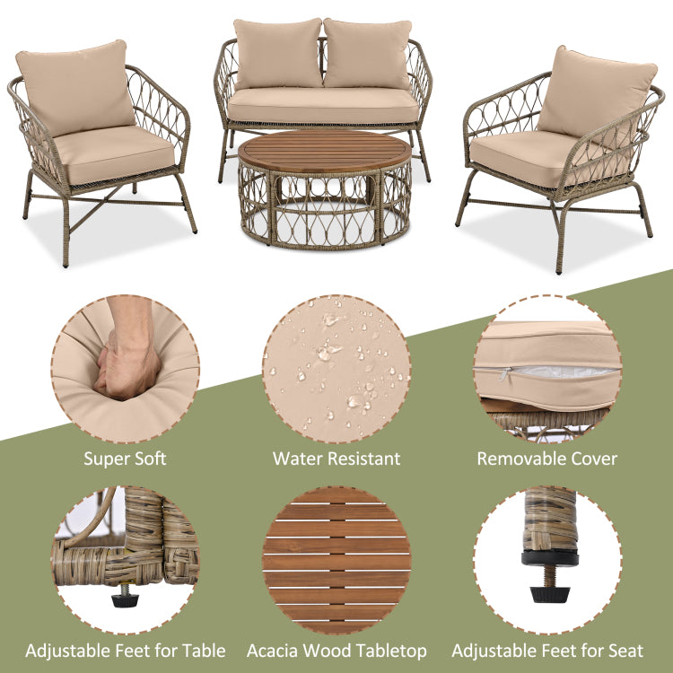 Bohemia Inspired 4 Person Outdoor Seating Group With Removable Cushions, Conversation Patio Set With Wood Tabletop, Beige