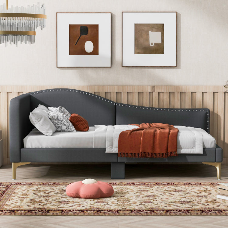 Twin Size Upholstered Daybed With Headboard And Armrest, Support Legs, Grey