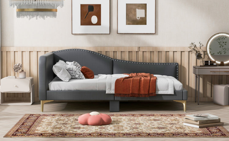 Twin Size Upholstered Daybed With Headboard And Armrest, Support Legs, Grey