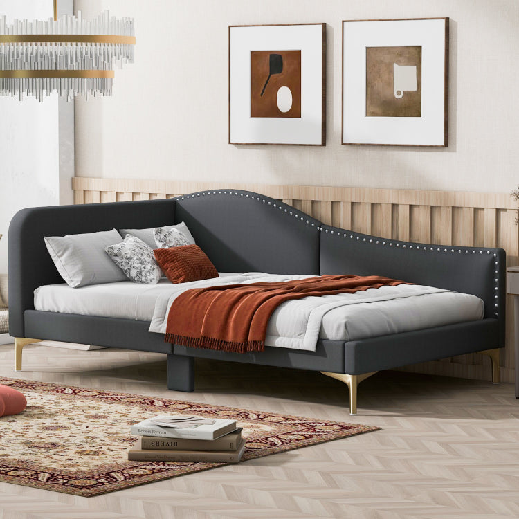 Twin Size Upholstered Daybed With Headboard And Armrest, Support Legs, Grey