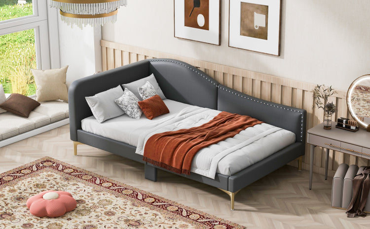 Twin Size Upholstered Daybed With Headboard And Armrest, Support Legs, Grey