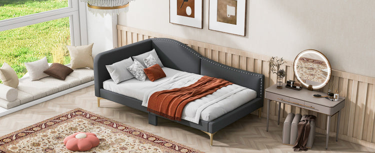 Twin Size Upholstered Daybed With Headboard And Armrest, Support Legs, Grey