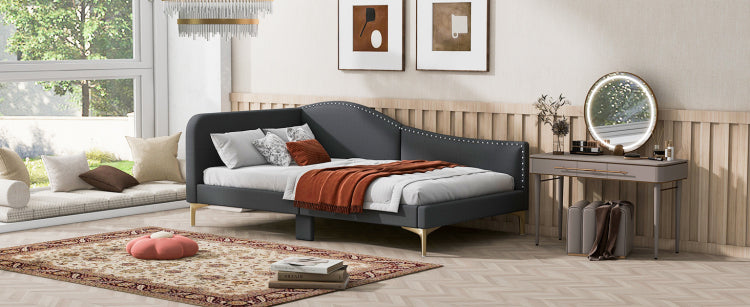 Twin Size Upholstered Daybed With Headboard And Armrest, Support Legs, Grey