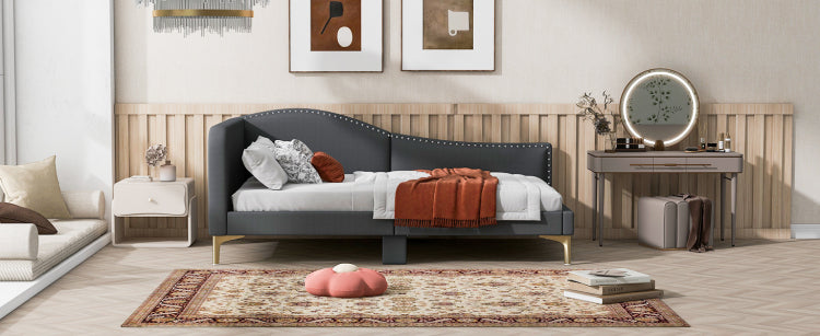 Twin Size Upholstered Daybed With Headboard And Armrest, Support Legs, Grey