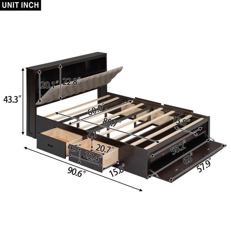 Wood Queen Size Platform Bed With Storage Headboard, Shoe Rack And 4 Drawers,Espresso