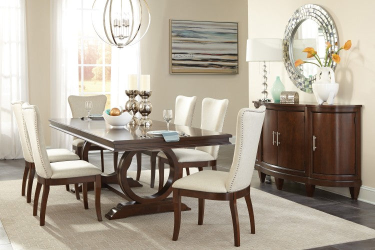 Modern Traditional Side Chairs Set Of 2 Off White Fabric Upholstered Back Seat Nailhead Trim Dark Cherry Finish Wooden Dining Furniture
