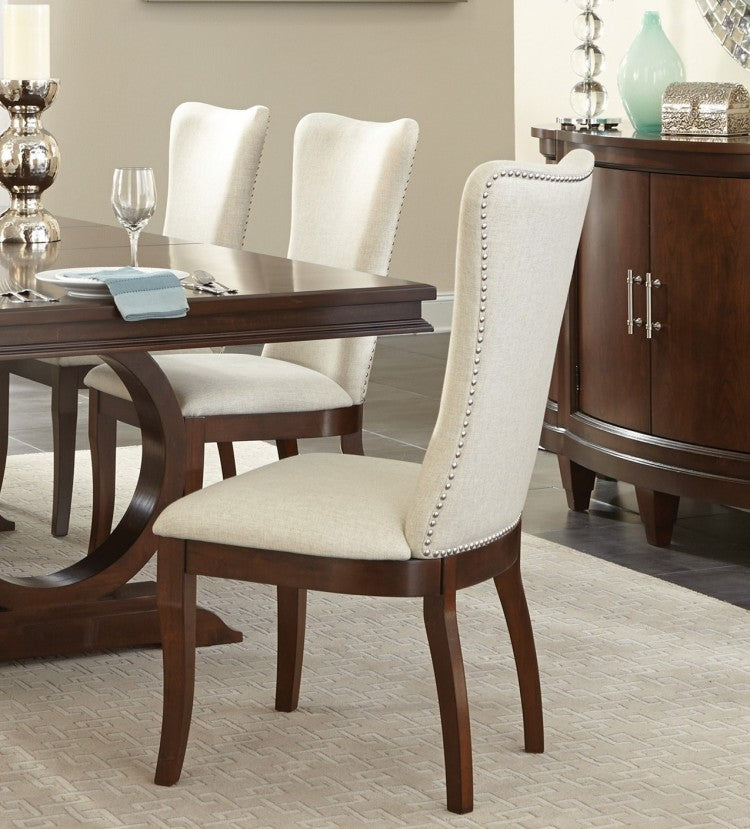 Modern Traditional Side Chairs Set Of 2 Off White Fabric Upholstered Back Seat Nailhead Trim Dark Cherry Finish Wooden Dining Furniture